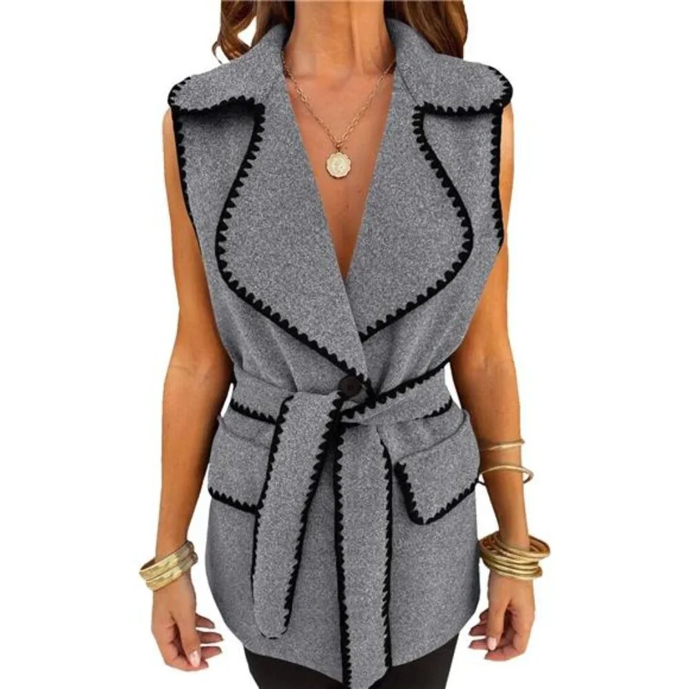 Women's Fall Tweed Vest Jackets Sleeveless Lapel Button Front Belt Cardigan